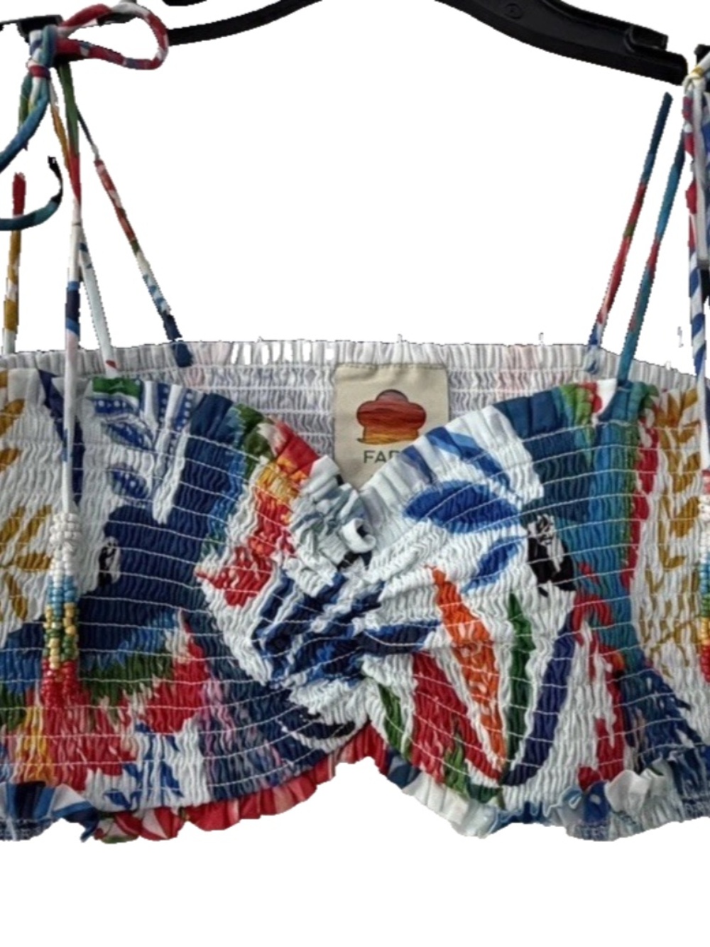 NEW Farm Rio Crop Top Macaw Wind Colorful Smocked Straps Beads Stretch Cotton XS